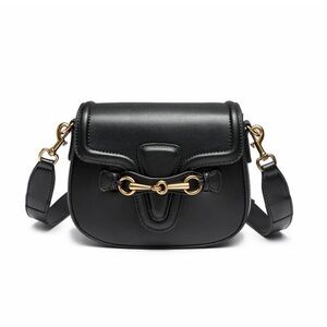 Black Leather Crossbody Bag with Gold Hardware, New